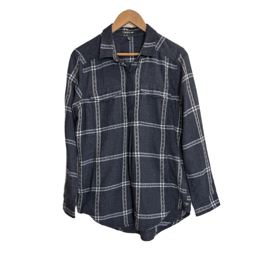 Toad & co dark grey plaid long sleeve 1/2 button up flannel top